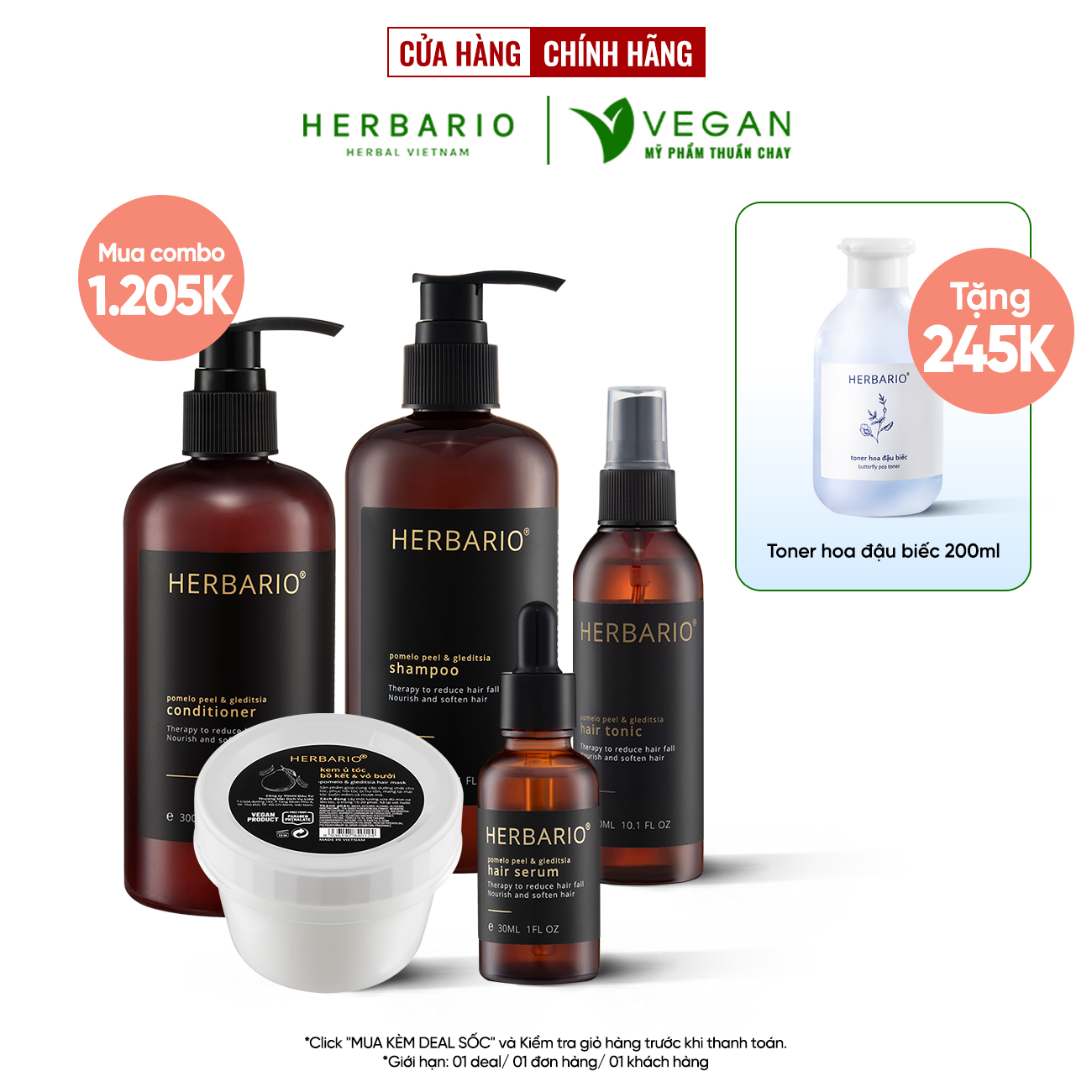 Bộ 5 Chăm Sóc Tóc Vỏ bưởi &amp; Bồ kết Herbario: Dầu gội 300ml + Dầu xả 300ml + Xịt dưỡng 100ml + Serum 30ml + Kem ủ tóc 200ml
