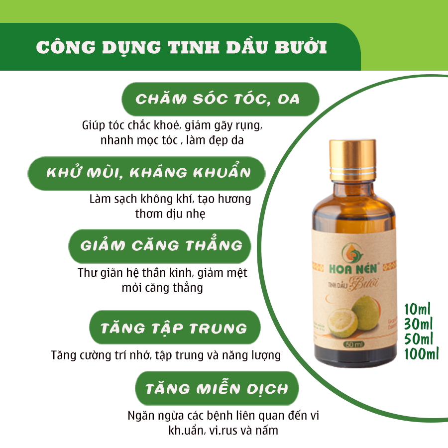 Tinh dầu Bưởi nguyên chất Hoa Nén 100ml - 3ml - Hoa Nén - Chăm sóc tóc, đẹp da, làm thơm phòng