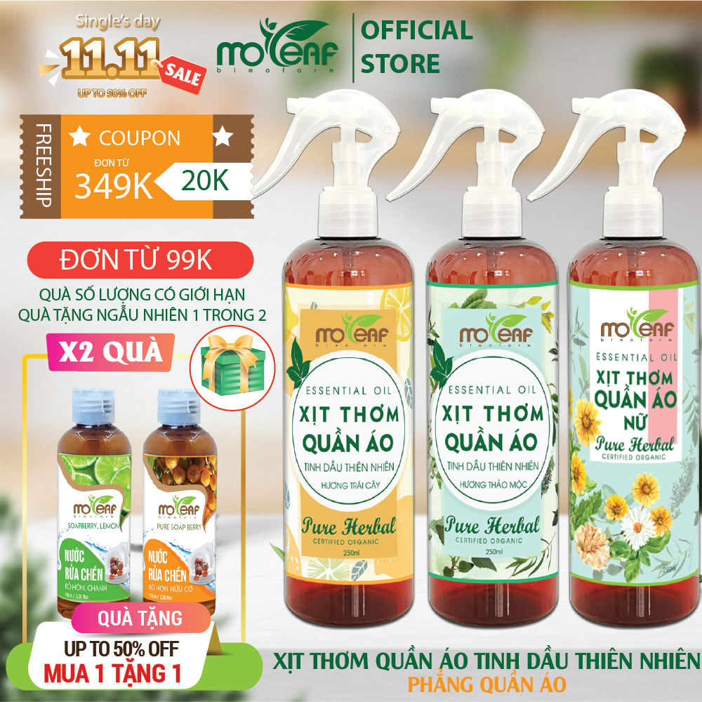 Xịt THƠM QUẦN ÁO Moleaf - Tinh Dầu Sen Trắng, Hoa Lài, Phong Lữ, Hoa Cam, Hoa Anh Đào, Bạc Hà, Vỏ Bưởi, Cam Ngọt, Gỗ Đàn Hương, Tuyết Tùng khử mùi ẩm mốc, hương thơm nhẹ nhàng thay thế nước xả vải nước hoa 250ml