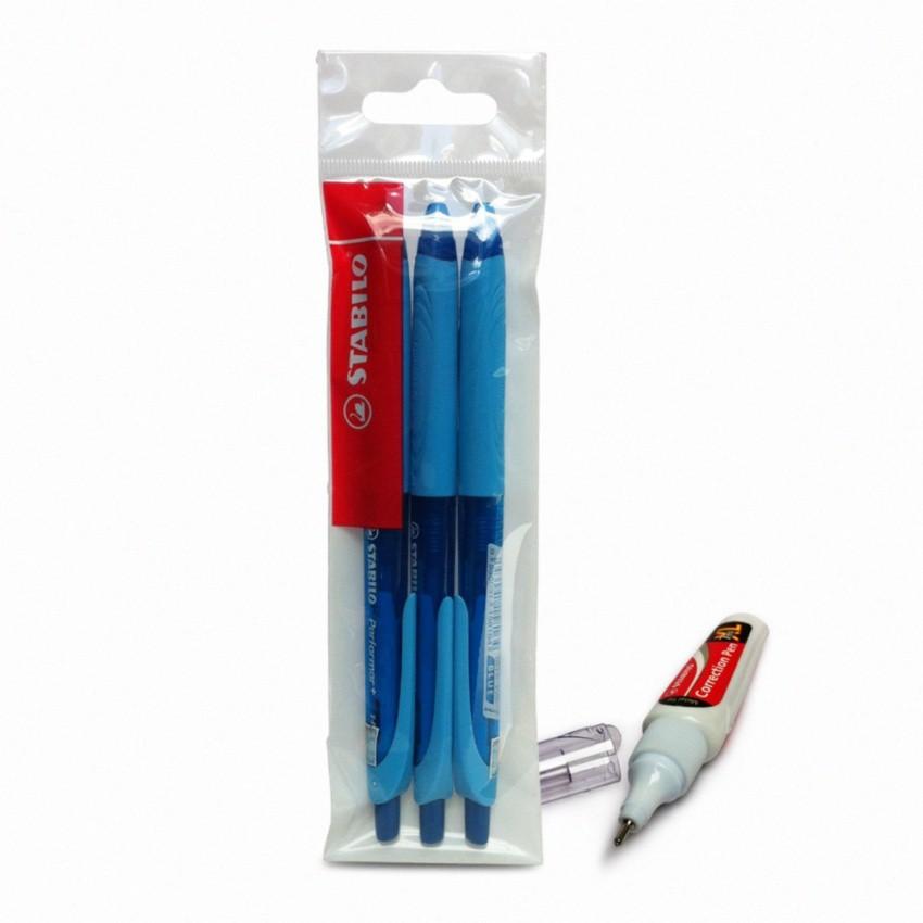 Bộ 3 cây bút bi STABILO Performer+ 328XF màu xanh + bút xoá STABILO Correction Pen CPS88 (BP328XF-C3A+)