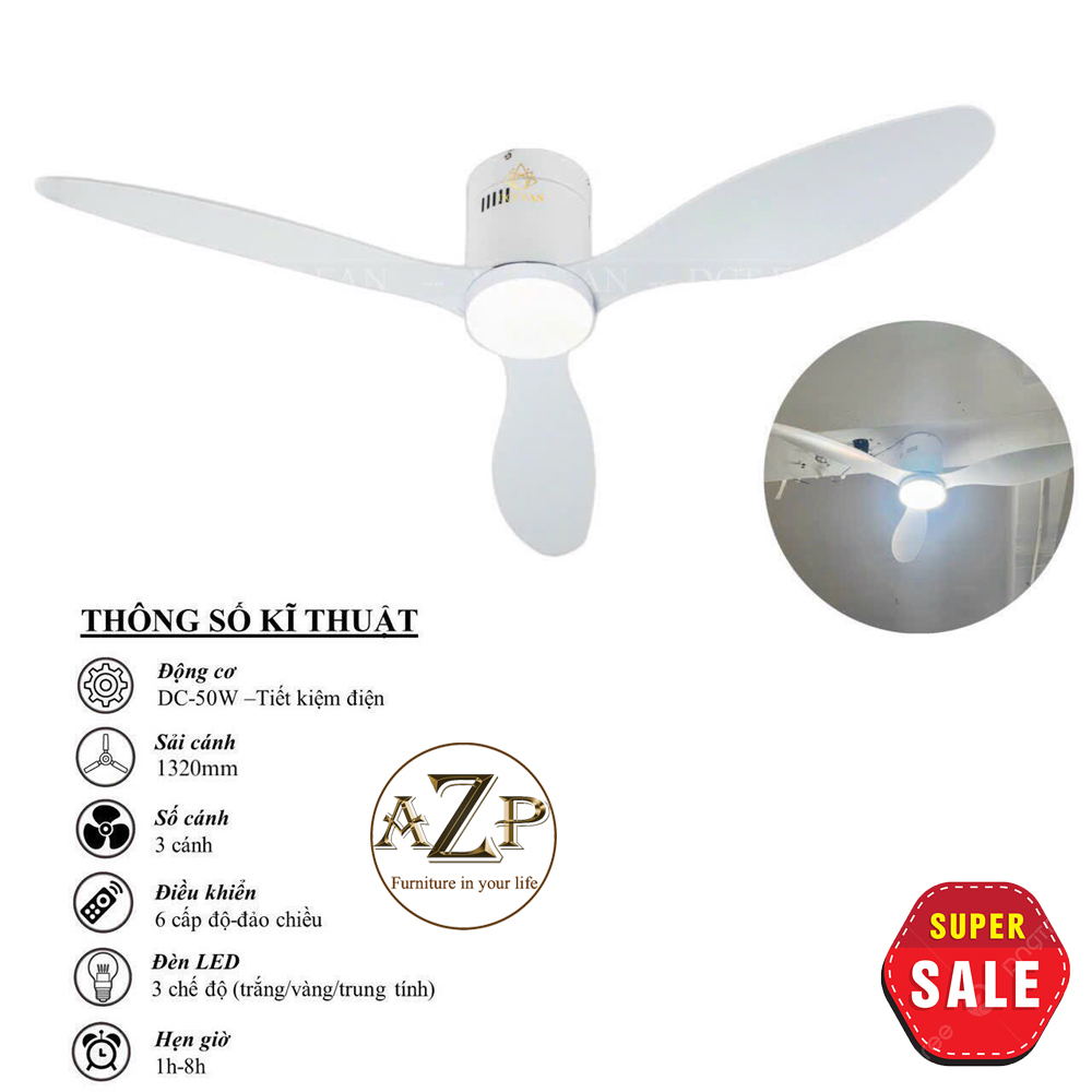 Siêu Sales QUẠT TRẦN AZP – 3 CÁNH NHỰA , CÔNG XUẤT 50W, CÓ REMOTE- Hàng Nhập Khẩu