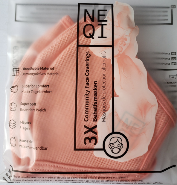 Set 3 khẩu trang vải nữ kháng khuẩn cao cấp NEQI FACEMASK Đức, size M, màu hồng thời trang, lọc 98% bụi mịn