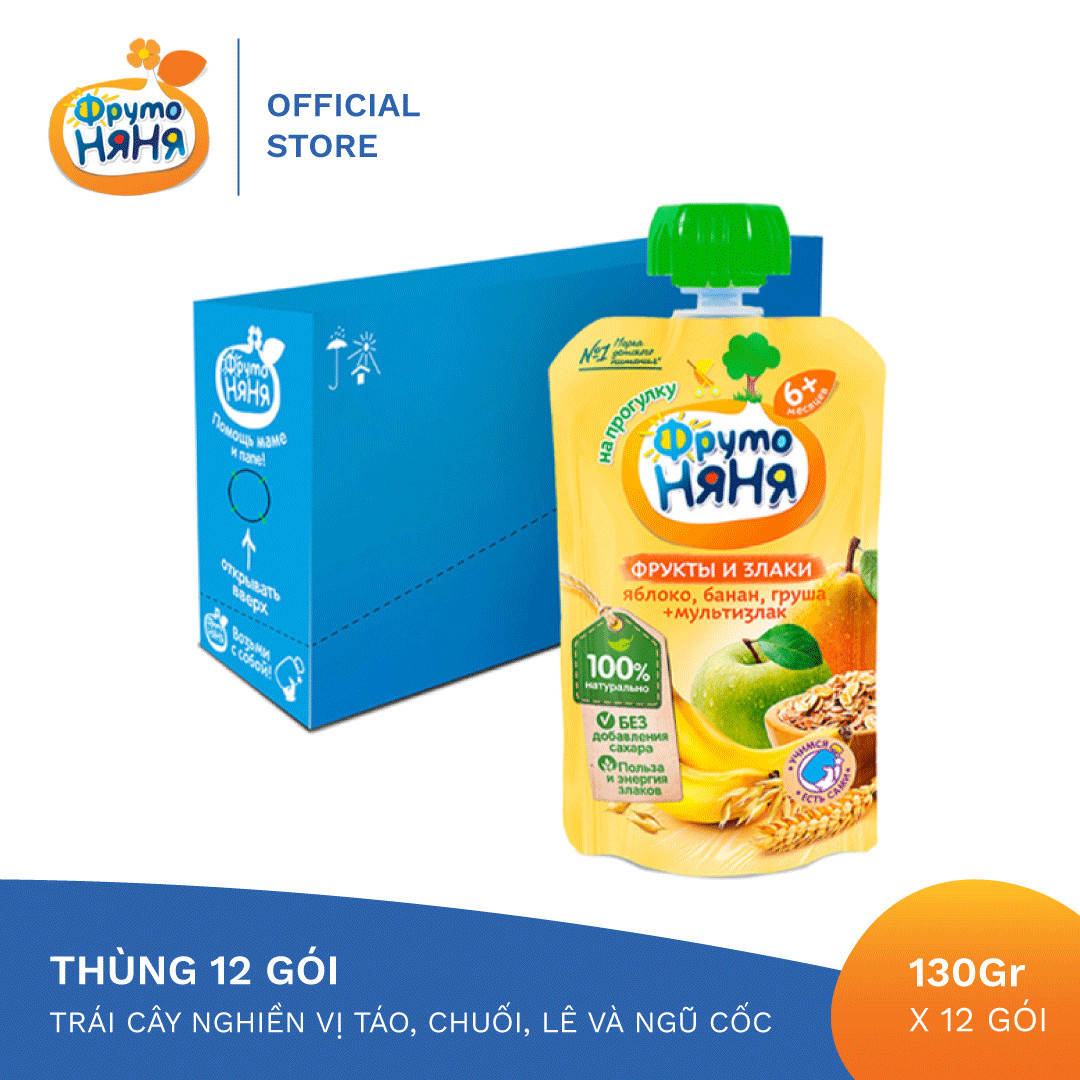 Thùng 12 Gói Trái cây nghiền vị táo, chuối, lê và ngũ cốc Fruto Nyanya 130g