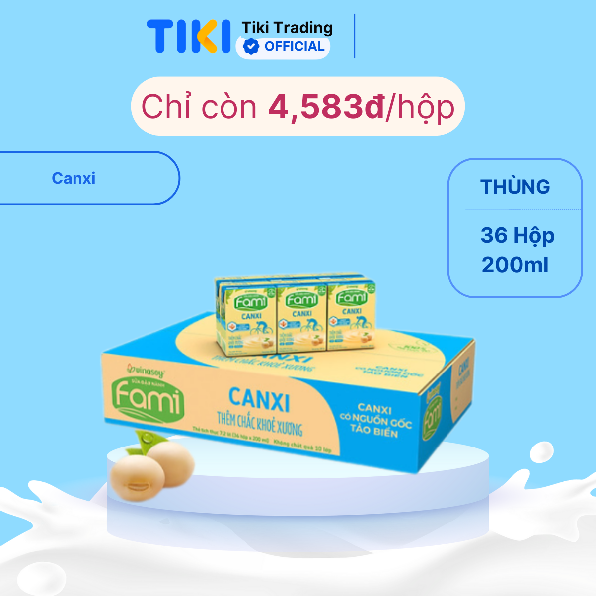Thùng sữa đậu nành Fami Canxi Nguyên vị (200ml x 36 hộp)