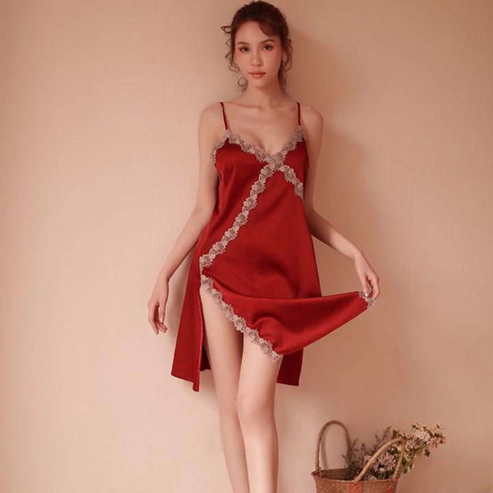 Váy ngủ sexy hai dây phối ren chéo ngực xẻ lai gợi cảm