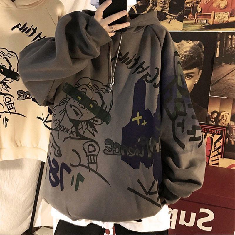 Áo Hoodie Nam Nữ Tay Dài Mũ Nón Dáng Rộng In Hình Phong Cách Thu Đông