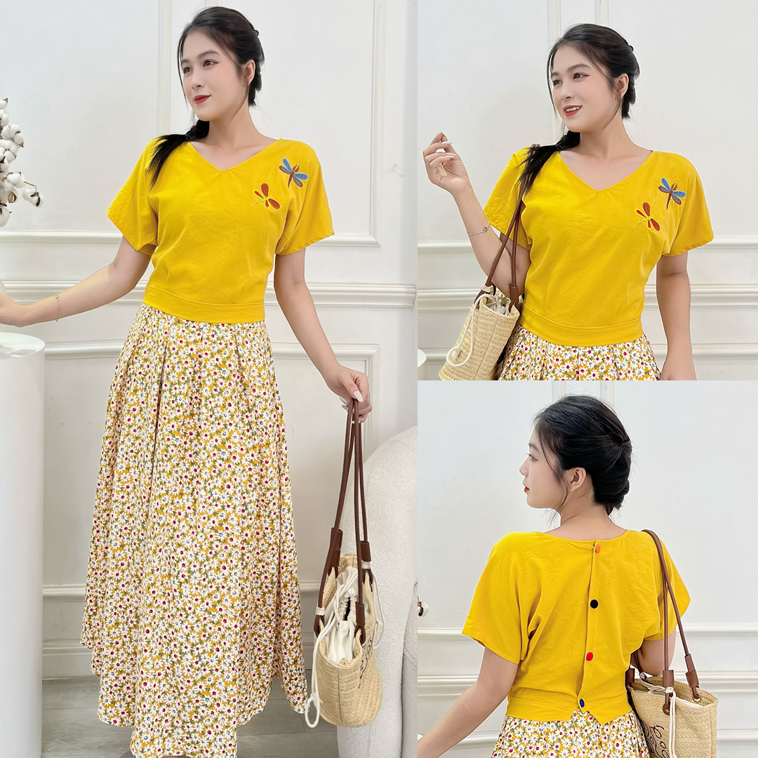 [HCM] Set chân váy xòe hoa + áo linen thêu sang trọng S05 - Lady fashion - Khánh Linh Style