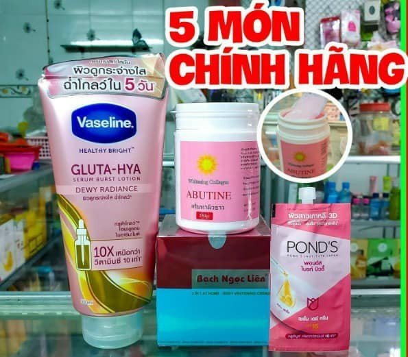 bộ 5 món dưỡng thể vaseline gluta + hũ kích trắng vaseline+ tắm trắng vaseline+bạch ngọc liên+gói pond ( không xuất hóa đơn đỏ -không có tem phụ )