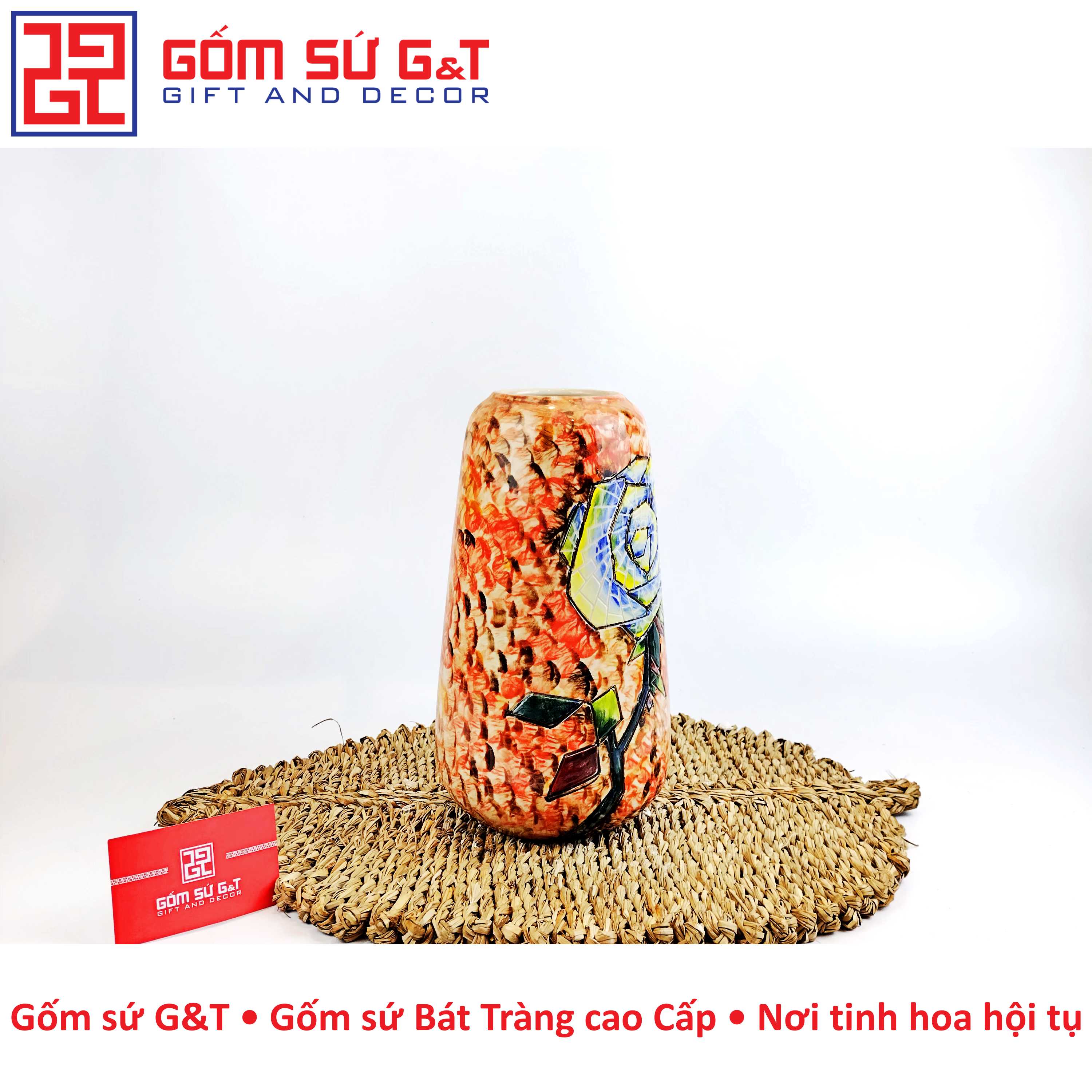 Lọ hoa dáng đu đủ vẽ hoa hồng xanh Gốm Sứ G&T