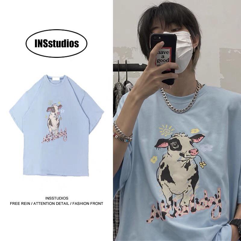 Áo thun unisex freesize bò sữa ảnh thật tay lỡ cổ tròn làm áo đôi áo nhóm 2021