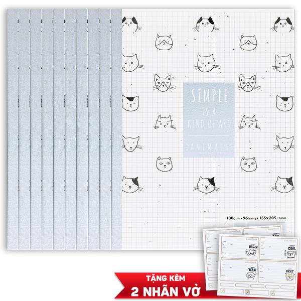Bộ 10 Tập Animal A5 - 4 Ô Ly - 96 Trang 100gsm + Kèm 2 Túi Nhãn Vở Ngẫu Nhiên - Futurebook DK-021 - Mẫu 2 - Màu Trắng