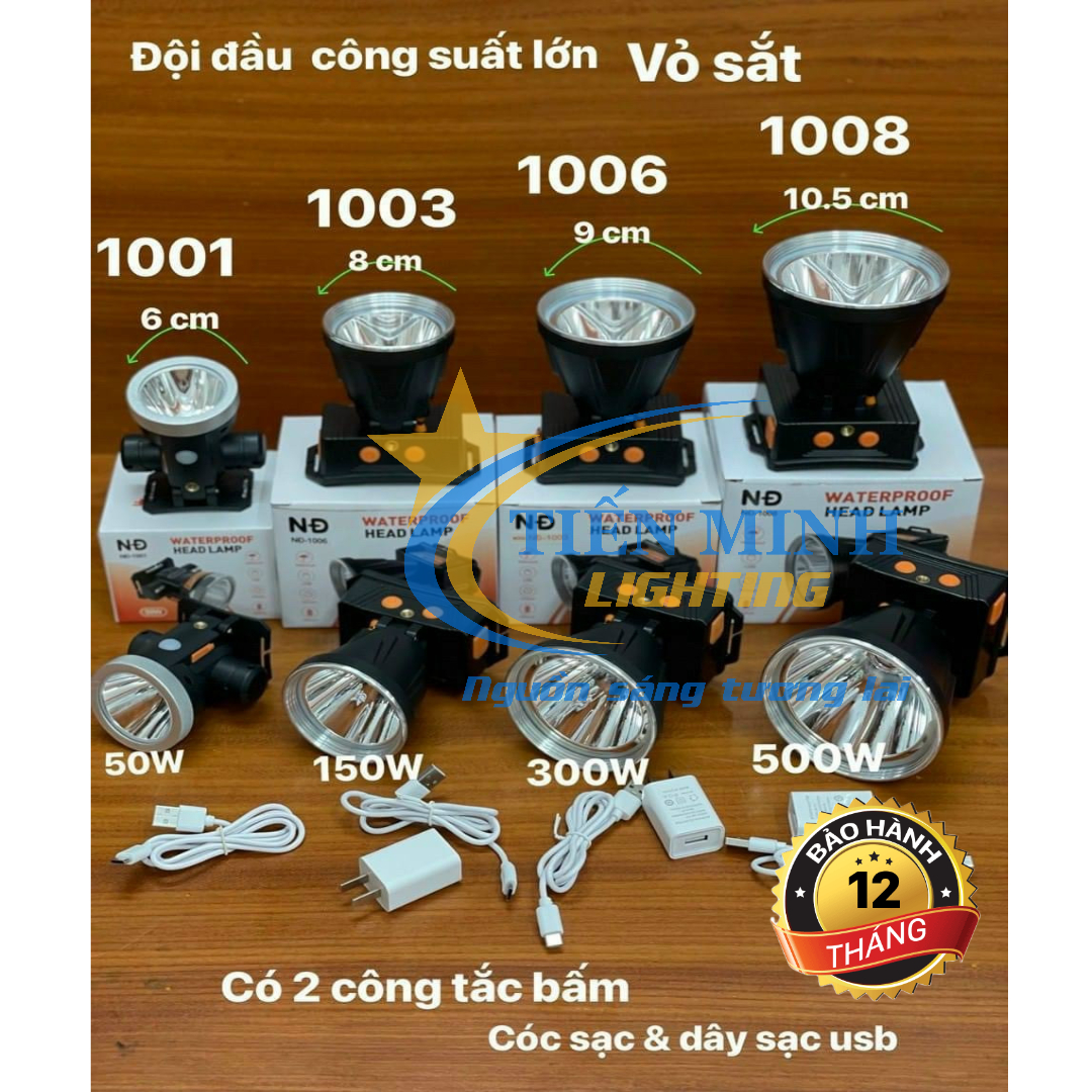 ĐÈN PIN ĐỘI ĐẦU PIN SẠC CÔNG SUẤT LỚN SIÊU SÁNG 3 CHẾ ĐỘ NĐ (NĐ 1001-50W, NĐ 1003-150W, NĐ 1006-300w, NĐ 1008-500w)