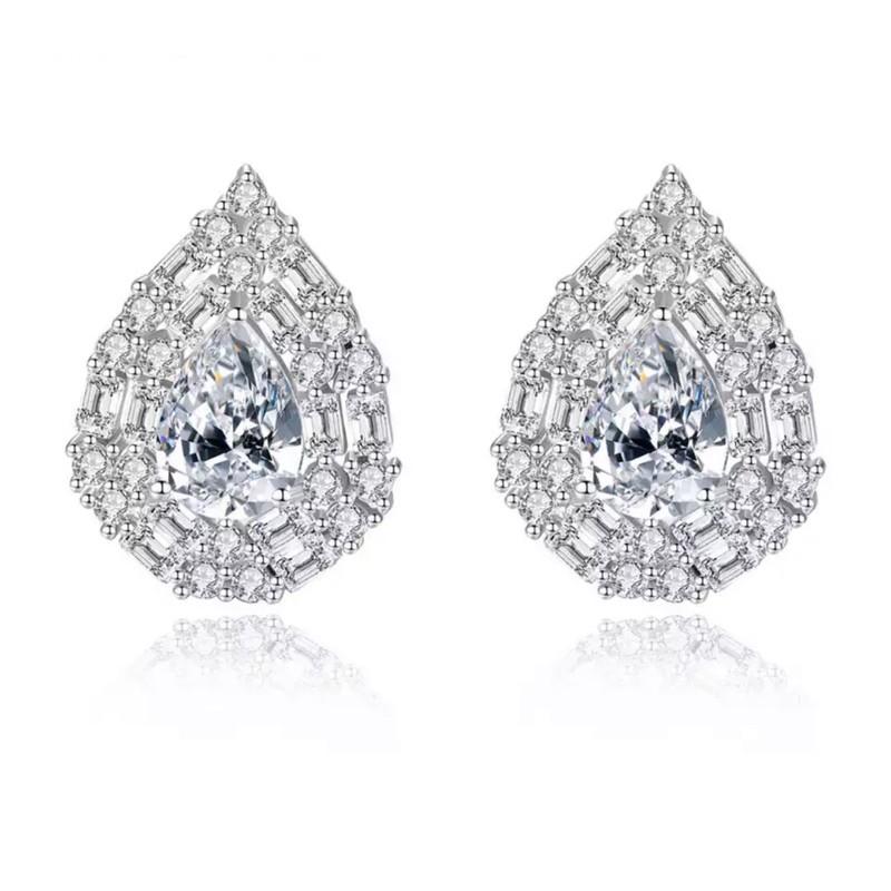 Bông tai hình giọt nước fianit, bạc ý 925