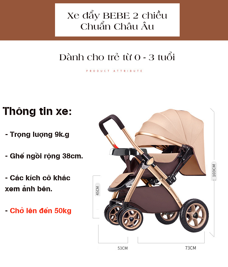 Xe đẩy trẻ em cao cấp 2 chiều 3 tư thế gấp gọn khi du lịch, kiểu dáng sang trọng