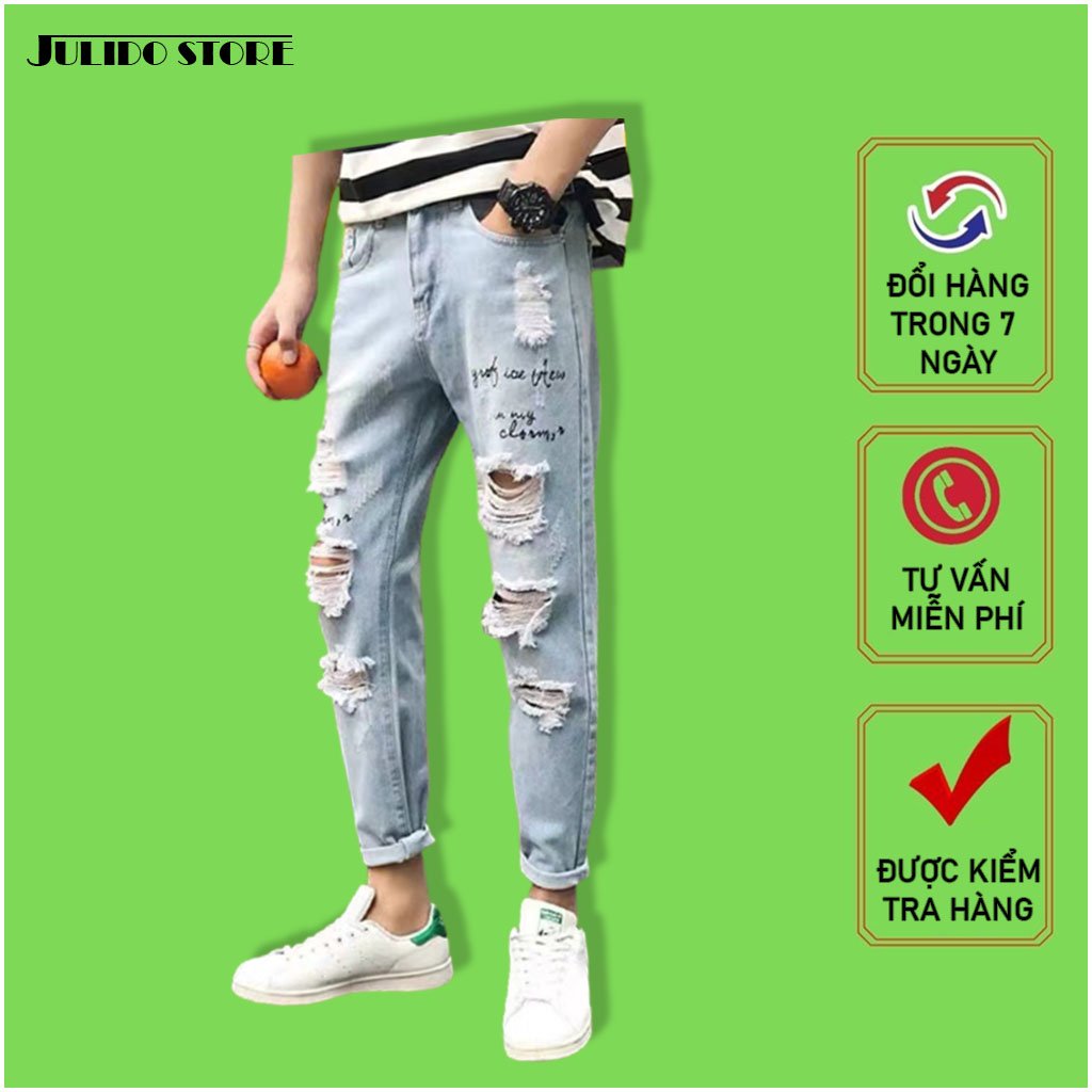 Quần jeans nam co dãn kiểu rách và thêu chữ đen săn lai thiết kế trẻ trung đơn điệu phá cách gồm 3 kích thước (M L XL) Julido mẫu QJN099701 phong cách hàn quốc