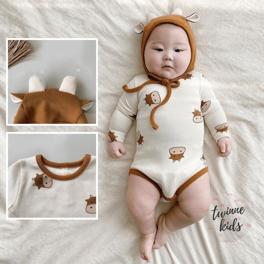 Set đồ thu đông, bodysuit dài tay chất liệu cotton co giãn (kèm mũ) bé trai 3-24 tháng