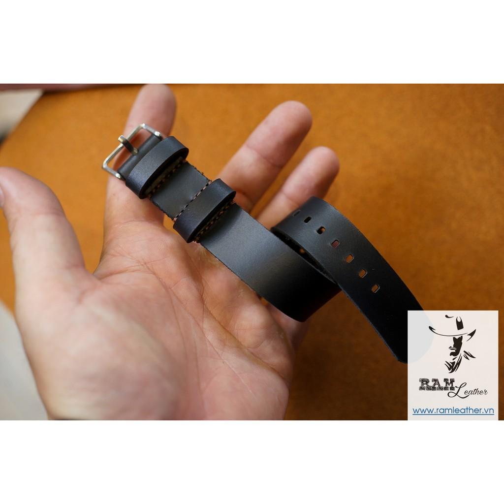 Dây đồng hồ Nato đơn đen tuyền da bò thật thanh lịch – Đủ size từ 18, 20, 22mm, Casio AE1200 ,Apple watch