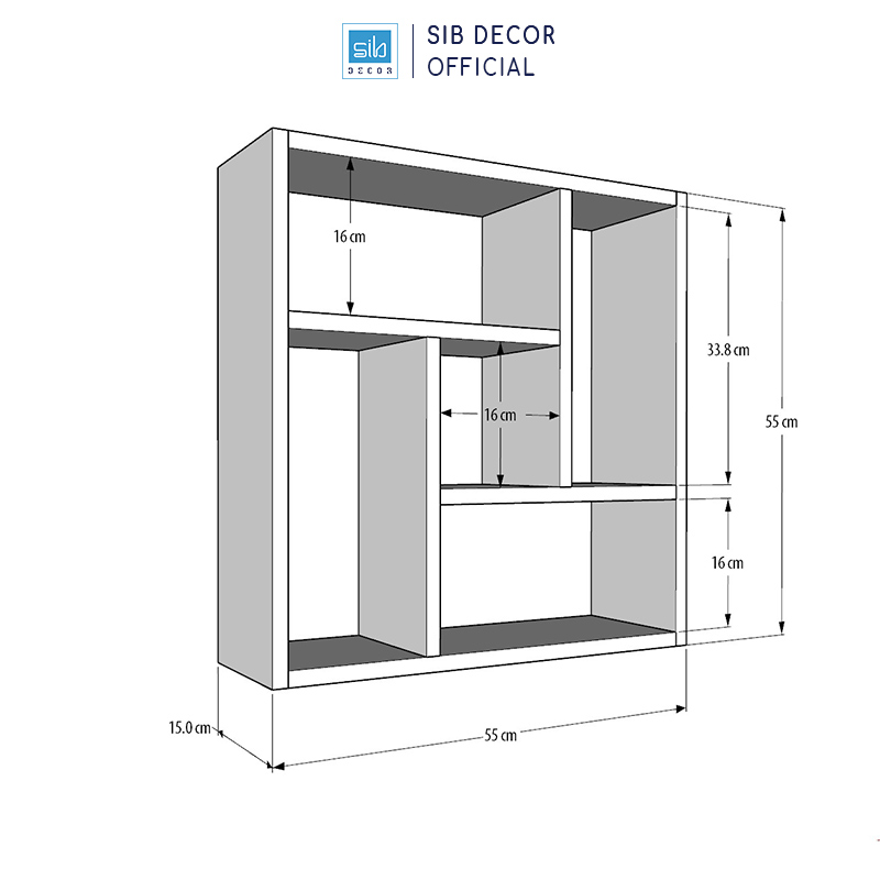 Kệ Sách Treo Tường Hình Vuông Chia 5 Ngăn 55x55x15cm Thương Hiệu SIB Decor