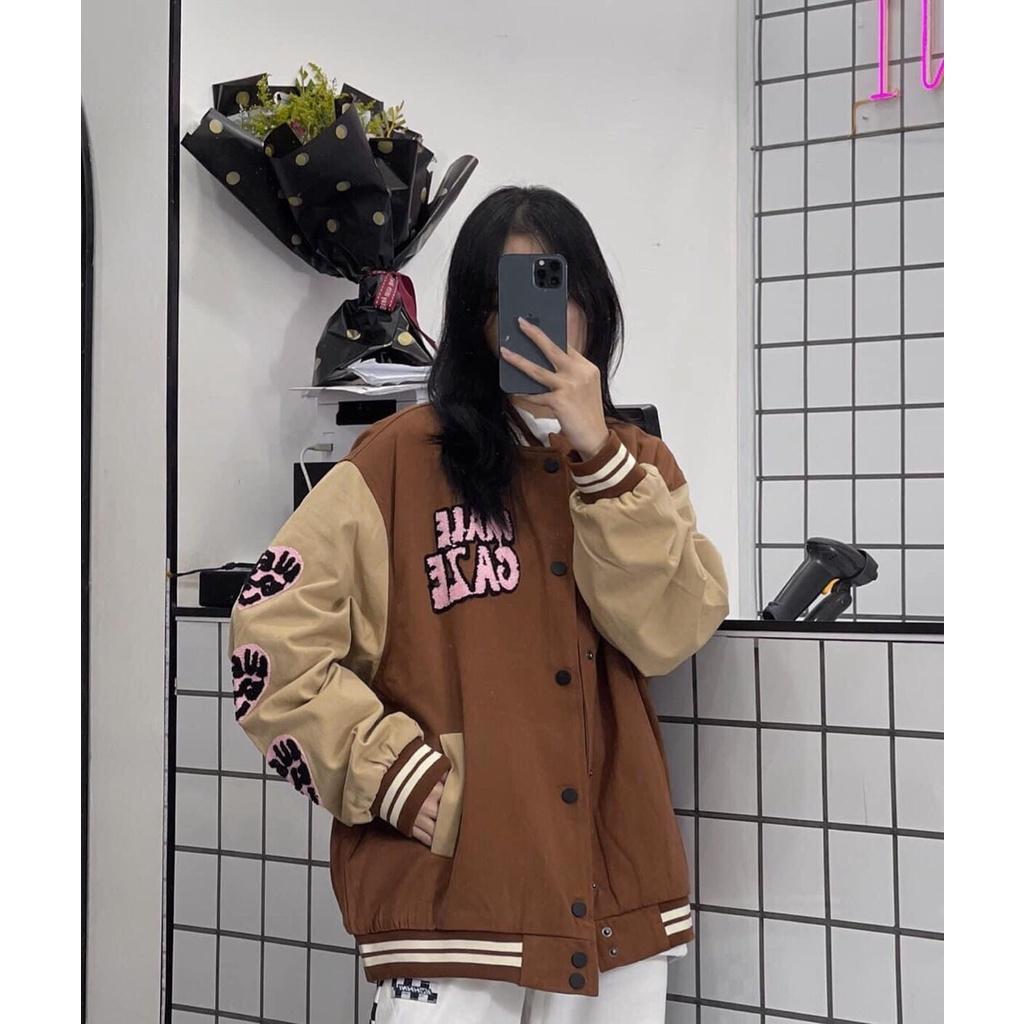 Áo Khoác Bomber Varsity Nữ - Jacket Nỉ Dáng Rộng Unisex Tay Bồng Màu Nâu Tây Phong Cách Hàn Quốc