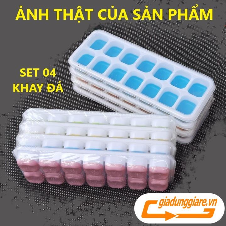 Set 04 Khay đá silicon (14 ngăn , 4 mầu) có nắp đậy không dính mùi thực phẩm, làm rau câu, làm kem, khay trữ đông ăn dặm