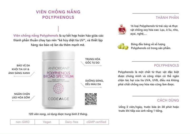 Viên uống chống nắng CodeAge Polyphenols Broad Spectrum - Chống nắng phổ rộng, bảo vệ da trước tia UVA, UVB và ánh sáng xanh 120 viên