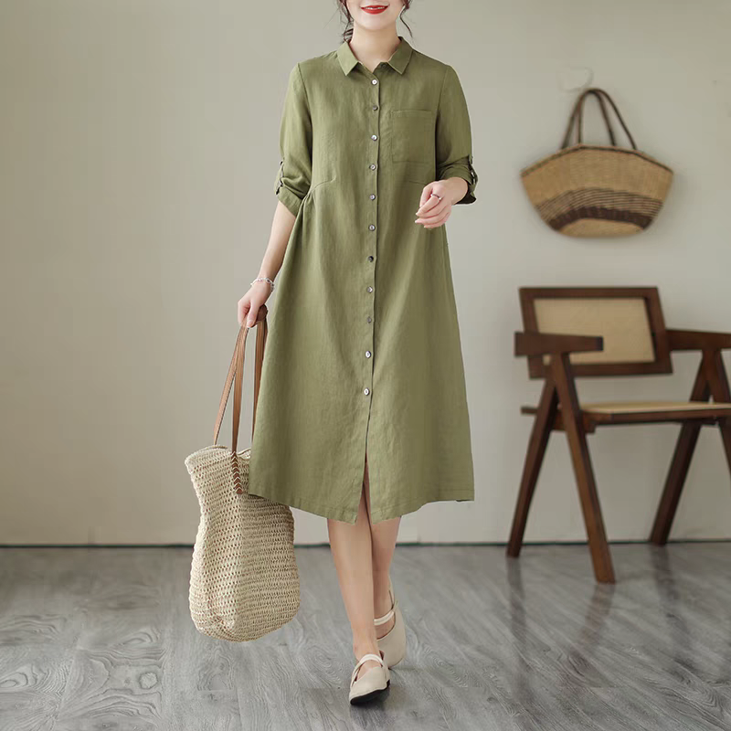 Váy đầm sơ mi Đũi Việt dáng dài tay lỡ, váy công sở đi làm thanh lịch chất Linen cao cấp