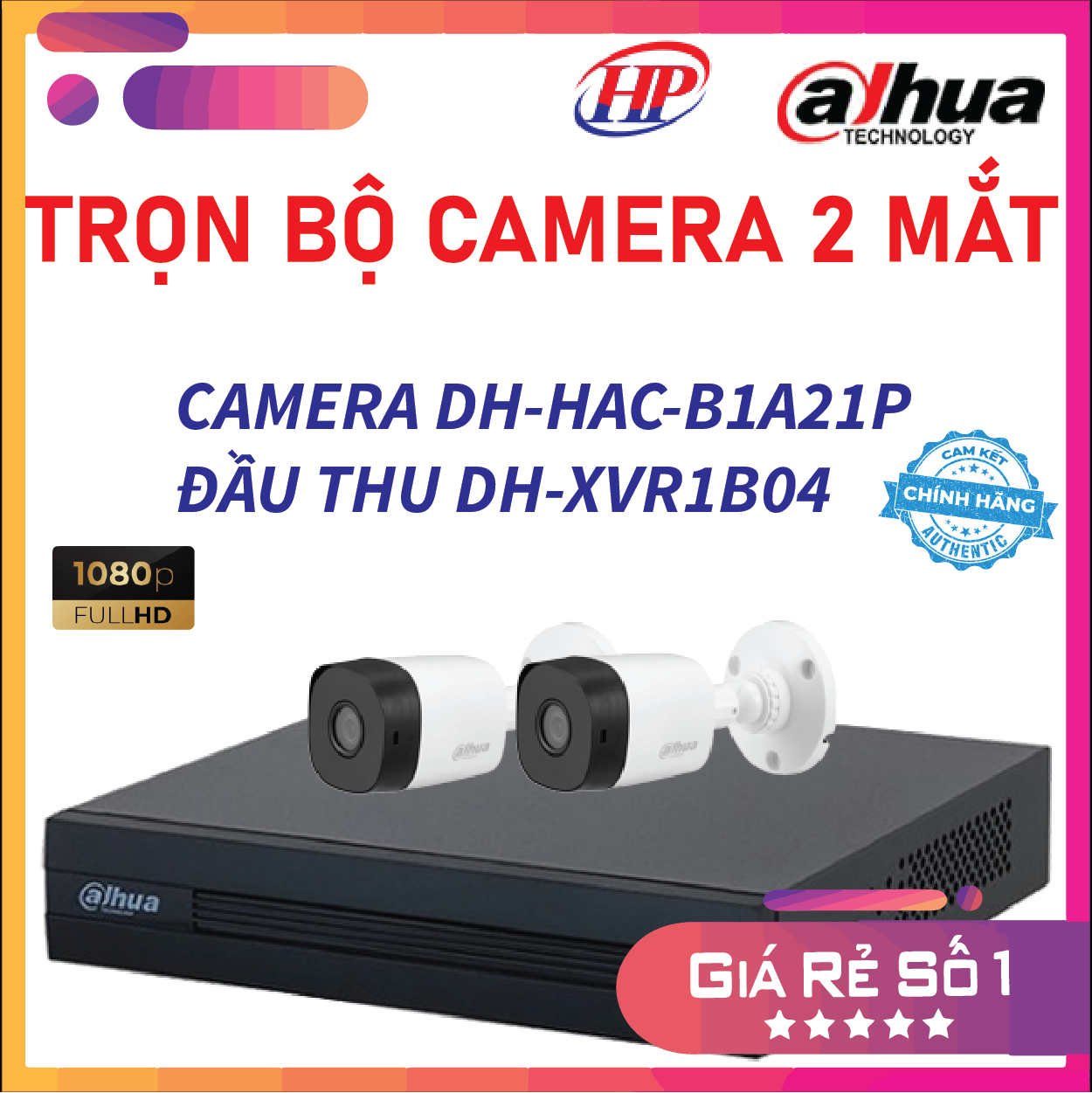 Trọn bộ 2 camera DH-HAC-B1A21P Đầu thu 4 cổng XVR1B04 đầy đủ phụ kiện, Hàng chính hãng