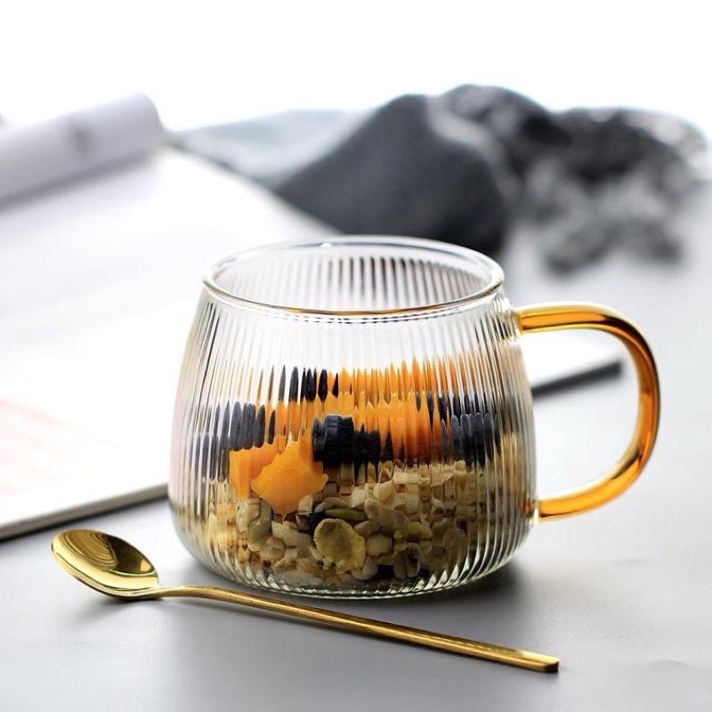 Cốc thủy tinh Vân sọc bầu Quai vàng , Cốc sinh tố, ly trà cafe thủy tinh cao cấp