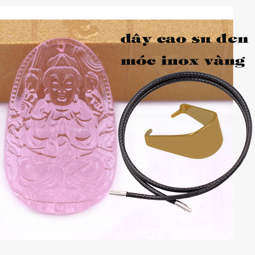 Mặt Phật Thiên thủ thiên nhãn pha lê hồng 3.6 cm kèm móc và vòng cổ dây cao su đen, Mặt Phật bản mệnh, Quan âm nghìn tay nghìn mắt