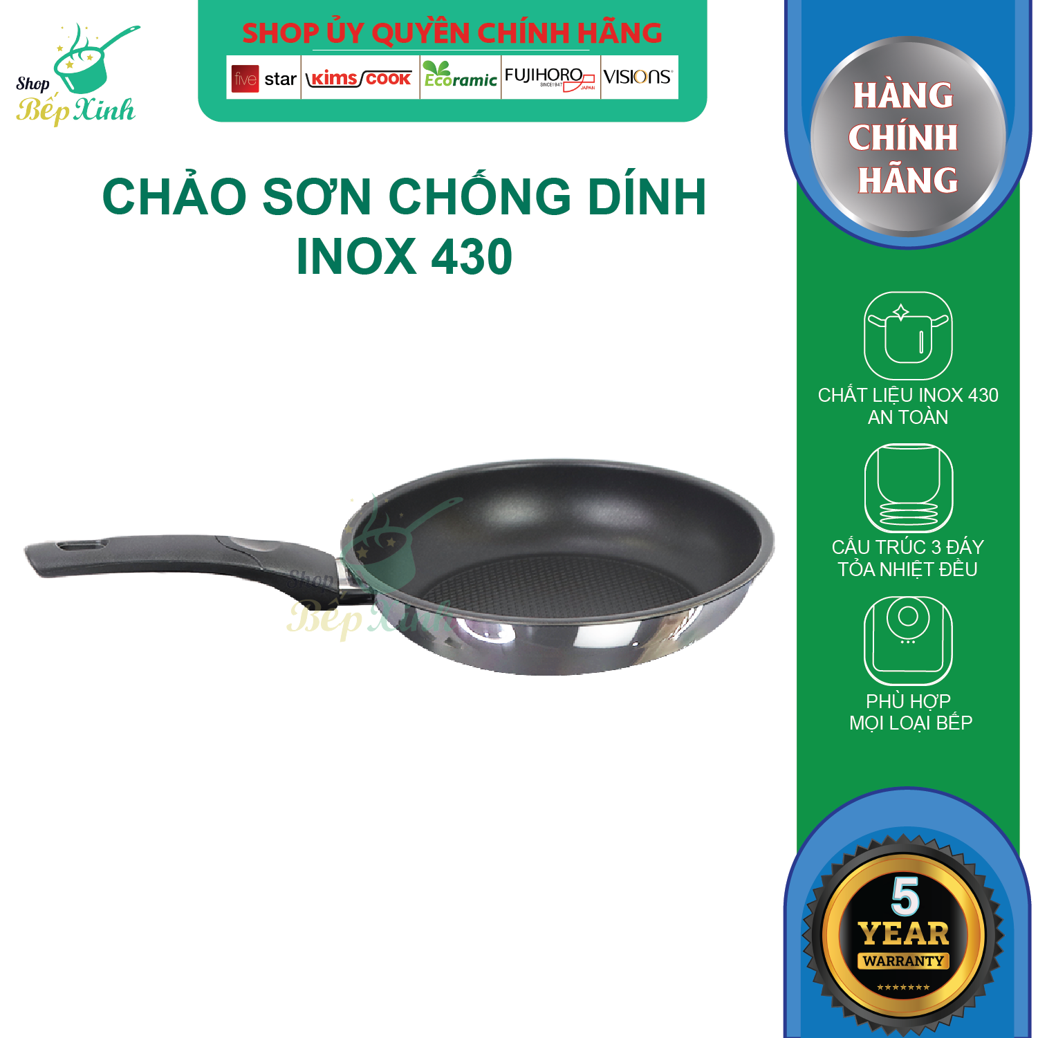 Chảo chống dính , chảo inox Fivestar Standard inox 430, 3 đáy, tặng 5 muỗng ,dùng được bếp từ, hồng ngoại, gas