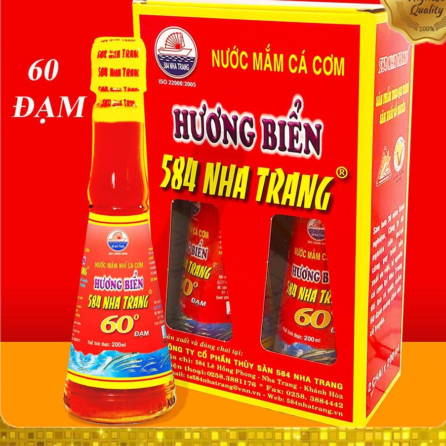 Hộp 2 chai Nước mắm Cá Cơm Cao Cấp 60 ĐỘ ĐẠM, 584 Nha Trang, Chai thủy tinh 200ml, Date luôn mới