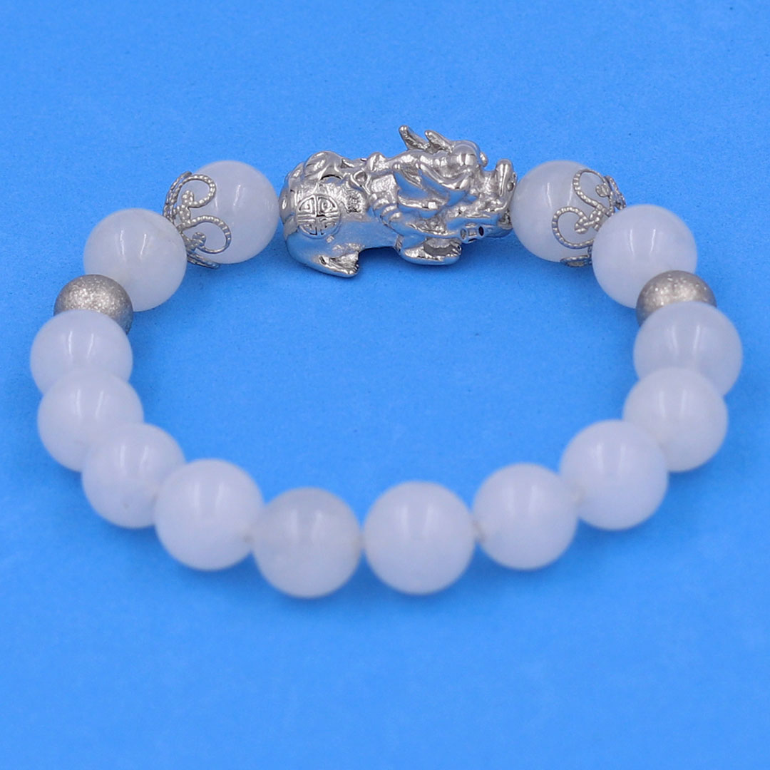 Vòng chuỗi đeo tay đá thạch anh trắng 10 ly charm tỳ hưu inox, bi inox, khía bông inox, vòng tay phong thuỷ, vòng tay tỳ hưu