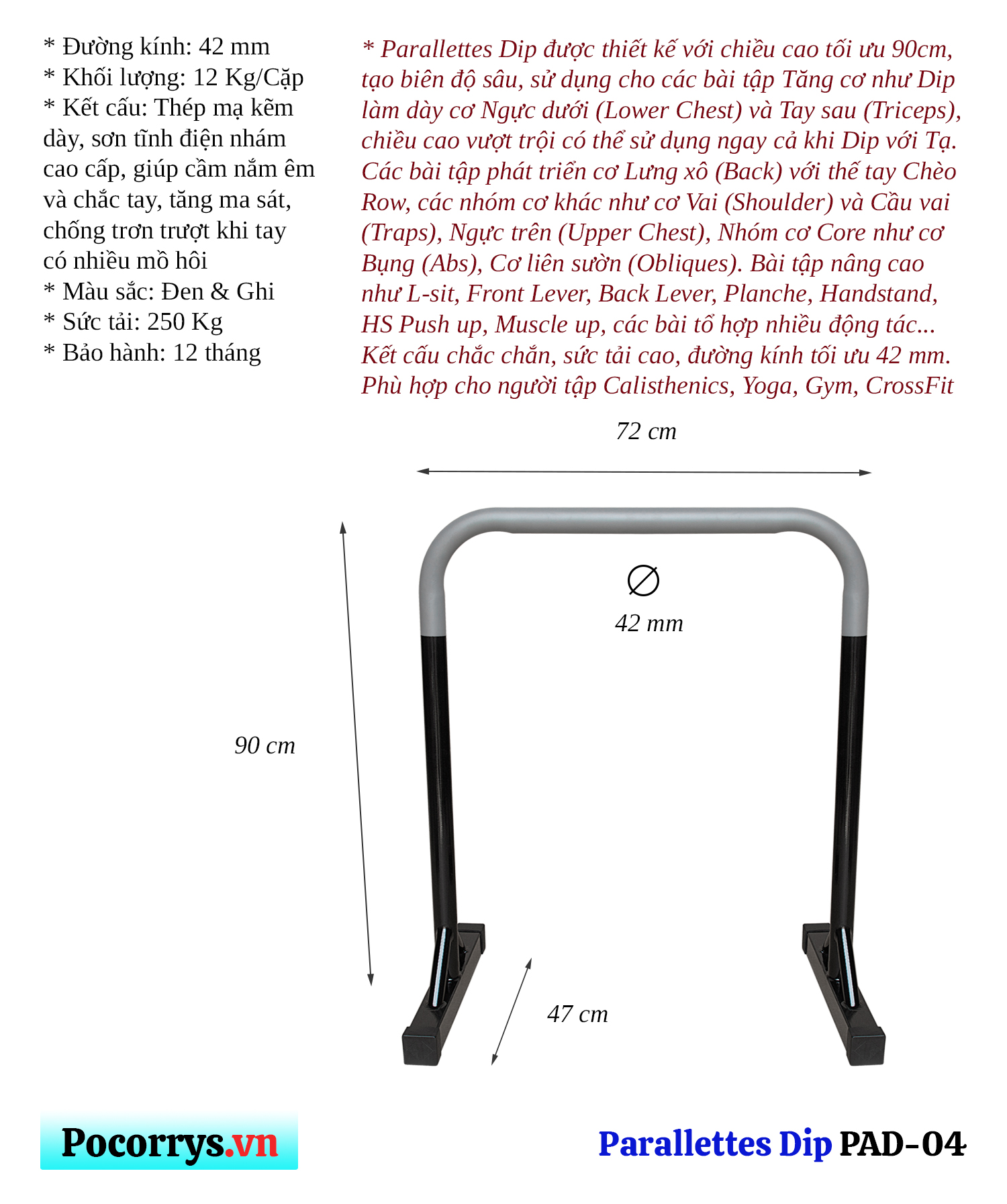 Xà kép Parallettes Dip cao 90cm, Pocorrys PAD-04, Màu ghi chân đen