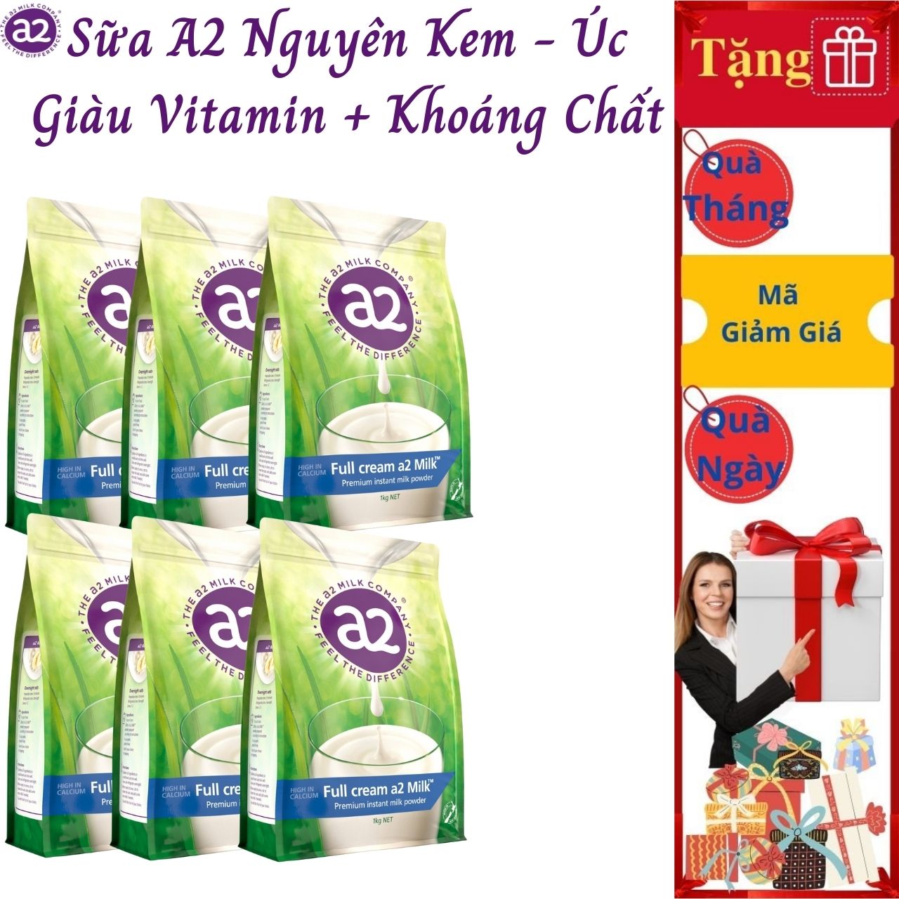 Combo 6 Túi Sữa Bột Nguyên Kem A2 Túi 1Kg của Úc, Giàu Canxi Hỗ Trợ Tăng Cường Sức Khỏe, bổ sung dưỡng chất thiết yếu, cung nấp năng lượng