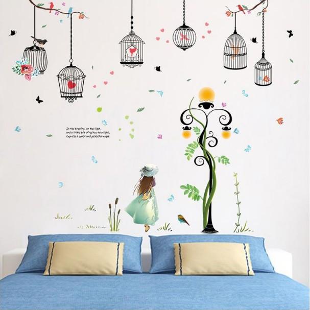 COMBO 3 DECAL GHÉP ĐÔI DÁN TƯỜNG - DÂY LỒNG CHIM KẾT HỢP CẶP NAI ĐEN VÀ BÉ GÁI ĐÁNG YÊU