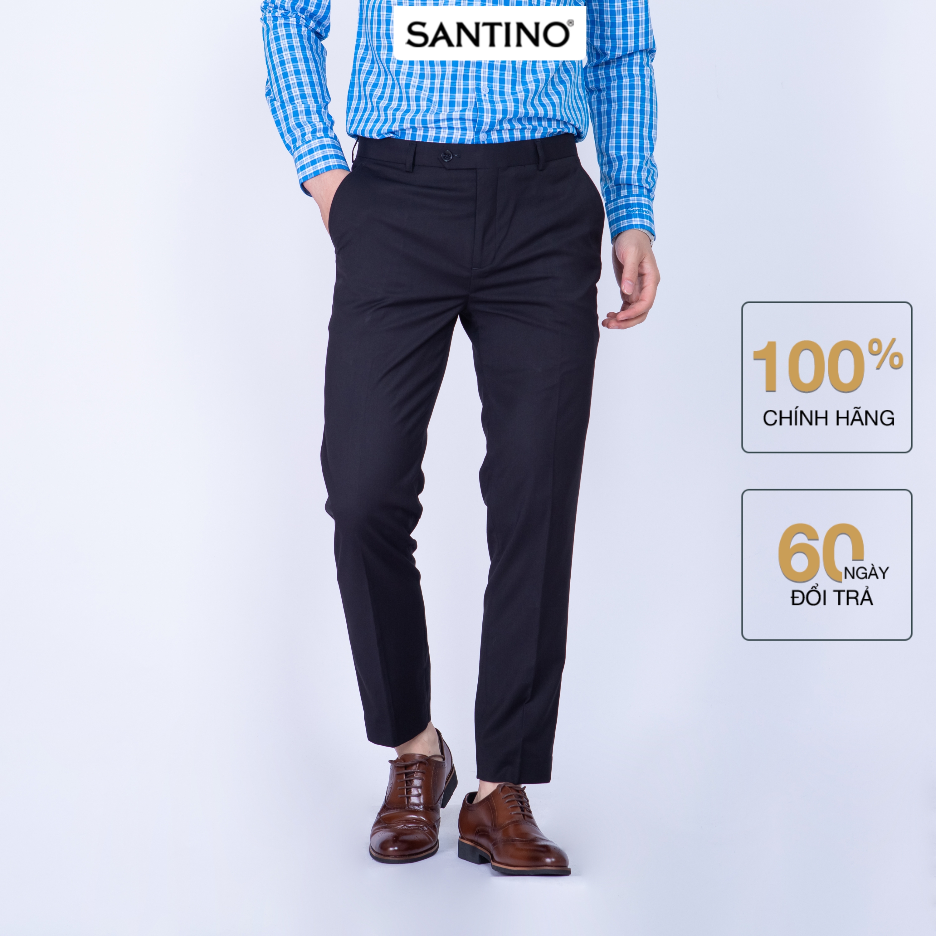 Quần âu nam dài trơn SANTINO, chất liệu Sợi tre dáng ôm slim fit công sở lịch lãm màu đen Q070