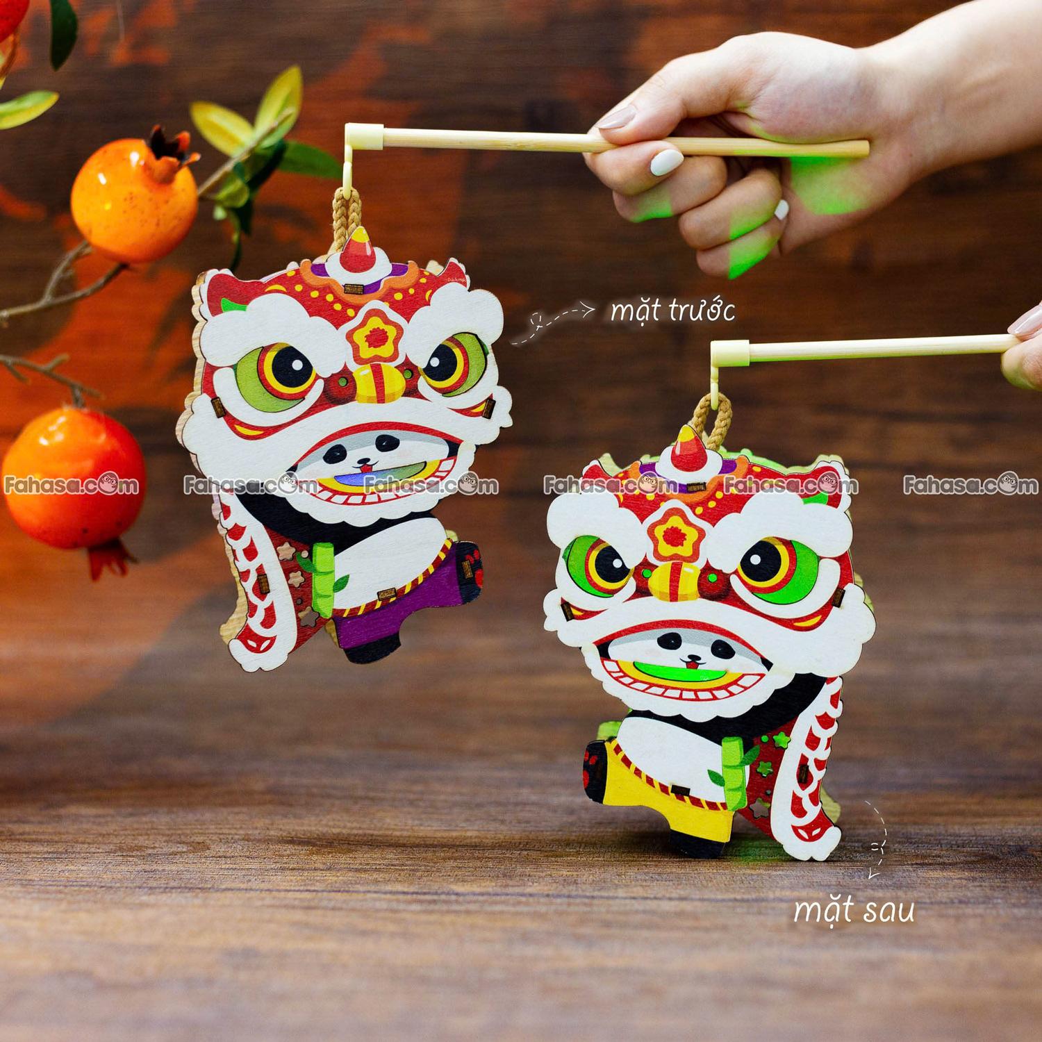 Lồng Đèn Trung Thu Gỗ 2 Mặt Màu - Bách Mộc - Gấu Trúc