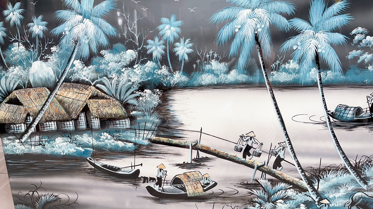 Tranh sơn mài đồng quê, chợ quê, phố cổ vẽ màu kết hợp cẩn ốc, vỏ trứng đẹp, hàng xuất khẩu 50x80 cm