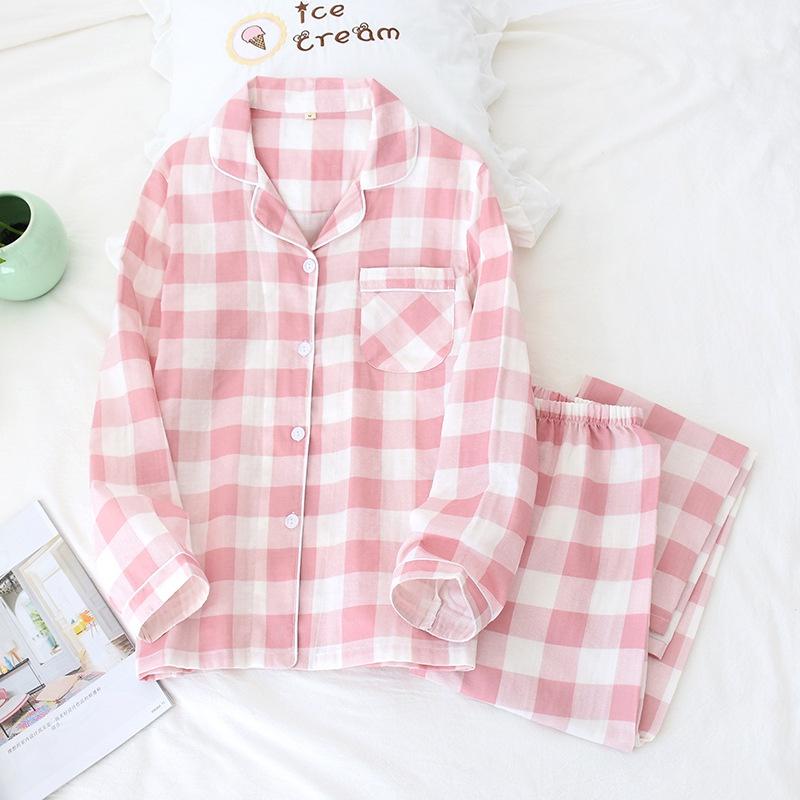 Bộ đồ pyjama nữ dài tay vải xô nhật họa tiết kẻ caro lớn (C341