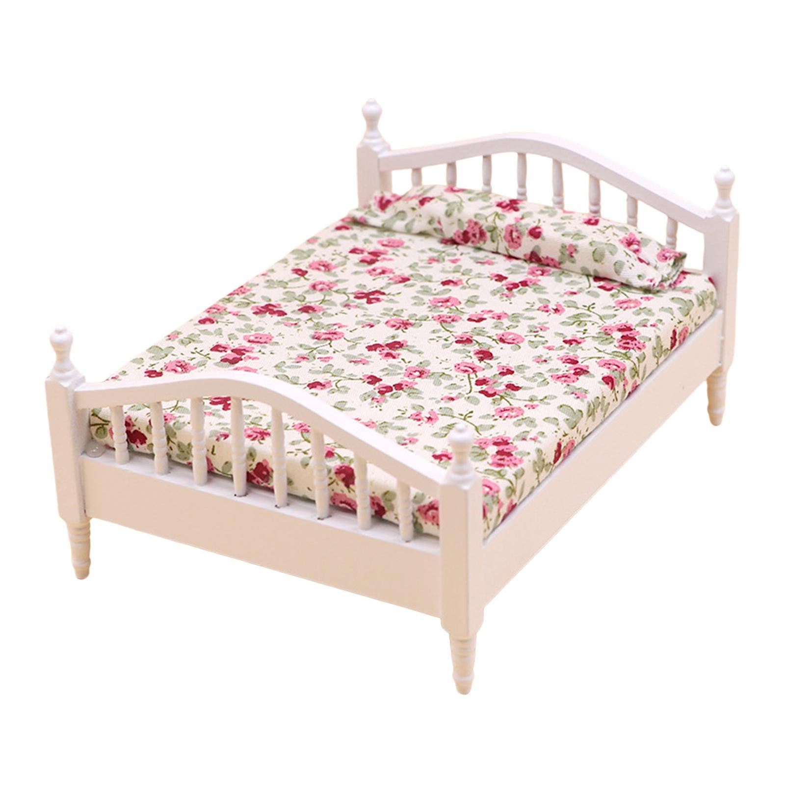 Dollhouse Miniature Bed Single Bed Model DIY Scene Model White and Pink