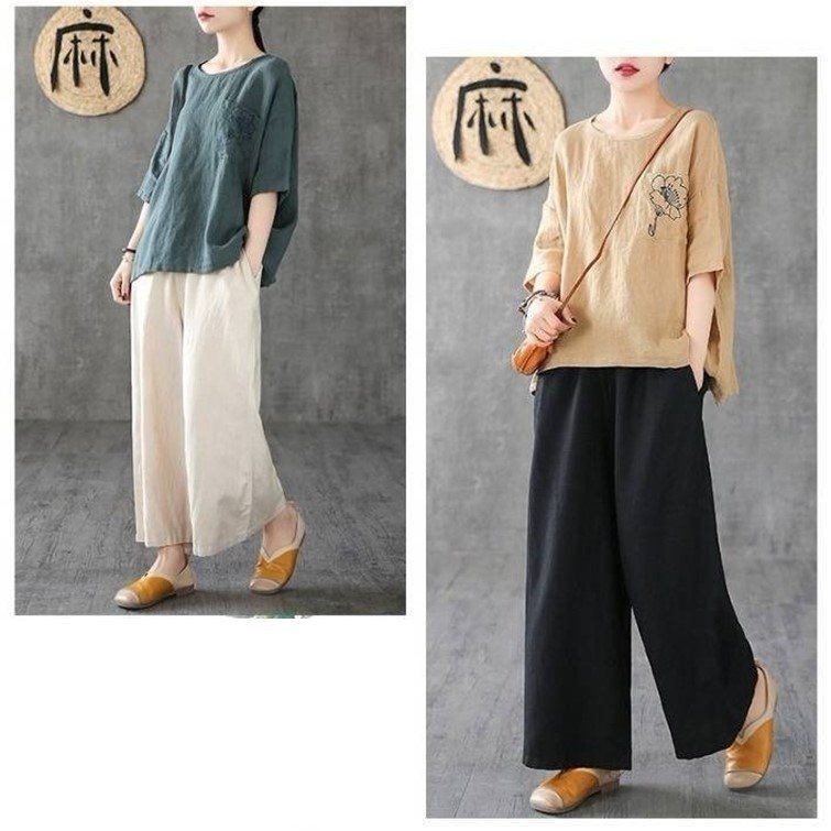 Set bộ đũi nữ áo cộc tay kèm quần suông ống rộng, chất đũi mềm mát dễ mặc Đũi Việt