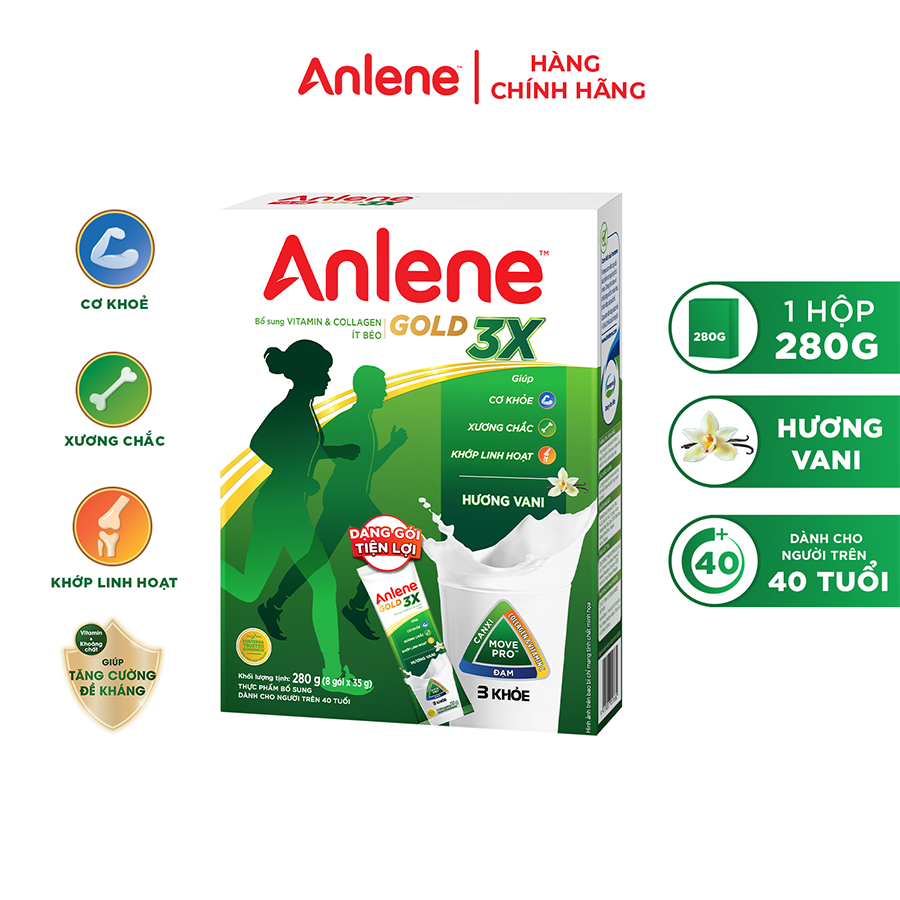 Sữa bột Anlene Gold 3X dạng gói tiện lợi 280g (8 gói x 35g)