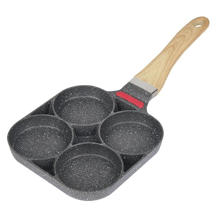 Chảo đá chống dính chia 4 ngăn chiên trứng làm bánh sử dụng được cho bếp từ tay cầm bằng gỗ chống cháy, chống bỏng