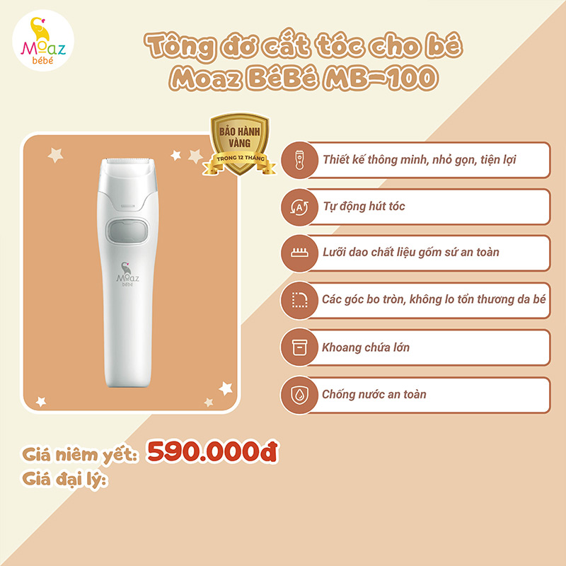 Tông đơ điện cắt tóc tự động hút tóc cho bé Moaz BéBé MB100 - Hàng Chính Hãng