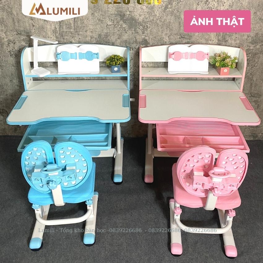 Bàn ghế học sinh Lumili P9 cao cấp có giá sách chống gù chống cận, bàn học thông minh kèm kệ sách phù hợp cho học sinh