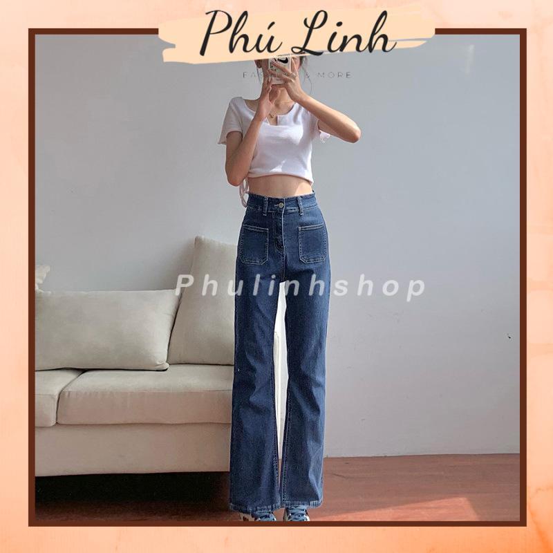 MS937 Quần jeans nữ cạp cao 2 túi trước ống loe hack dáng chân dài - Xanh