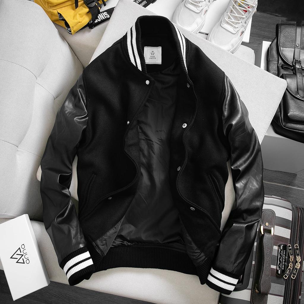 Áo Khoác Varsity Dạ Lông Cừu Phối Tay Da HUTTON