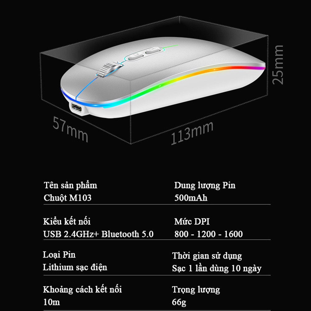 Chuột Không Dây Hàng Chính Hãng POERMAX M103 Có Kết Nối Bluetooth Dùng Được Cho Laptop, Tivi, Điện Thoại