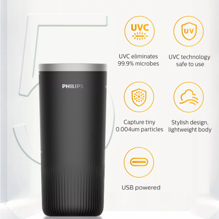 Máy khử mùi, lọc không khí dạng cốc trên xe ô tô Philips GP3601, trang bị bộ lọc SaniFiler Plus mới nhất, công nghệ UVC loại bỏ 99,9% vi khuẩn, sử dụng nguồn USB- Hàng chính hãng