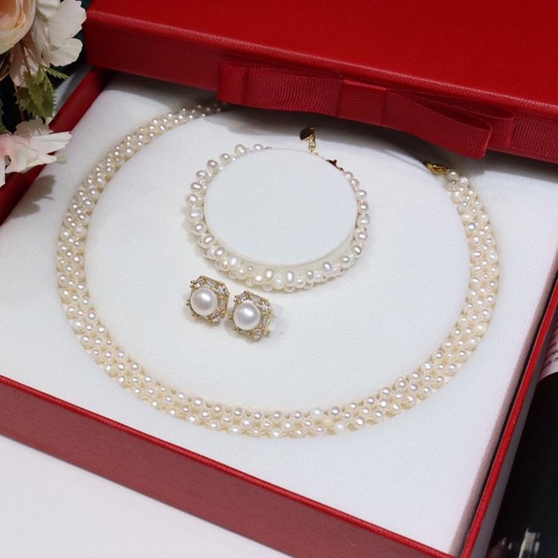 Bộ Trang Sức Ngọc Trai Hạt 6ly Đan 3 Món Màu Trắng, Bộ Trang Sức Dự Tiệc Ngọc Trai Nước Ngọt - Trường Thịnh Ngọc Trai